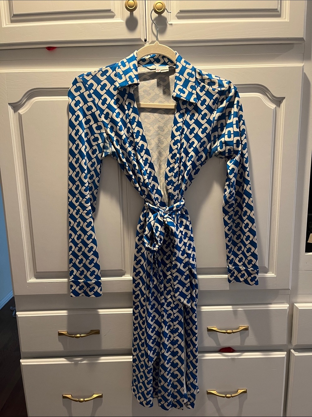 Diane Von Furstenberg DVF New Julian Two Blue Chain Link Silk Wrap Dress SZ 4